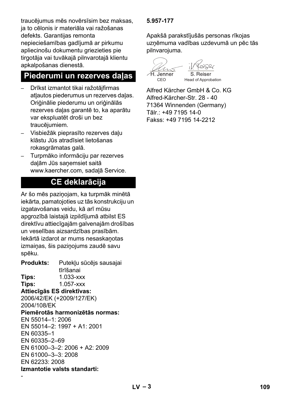 Piederumi un rezerves daļas ce deklarācija | Karcher CV 38-2 User Manual | Page 109 / 124