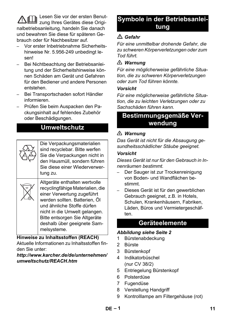 Umweltschutz | Karcher CV 38-2 User Manual | Page 11 / 124