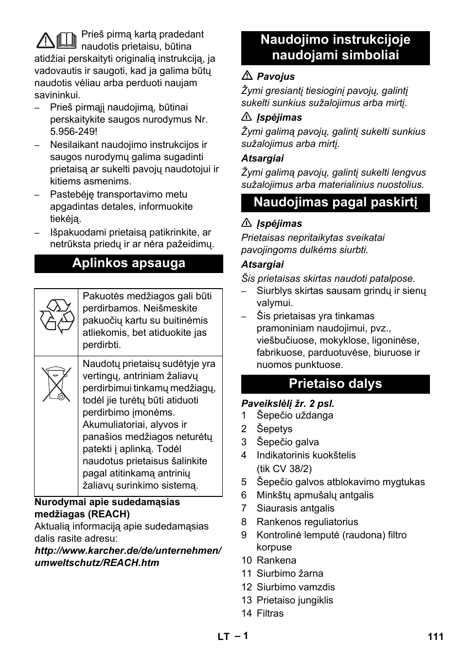 Aplinkos apsauga | Karcher CV 38-2 User Manual | Page 111 / 124