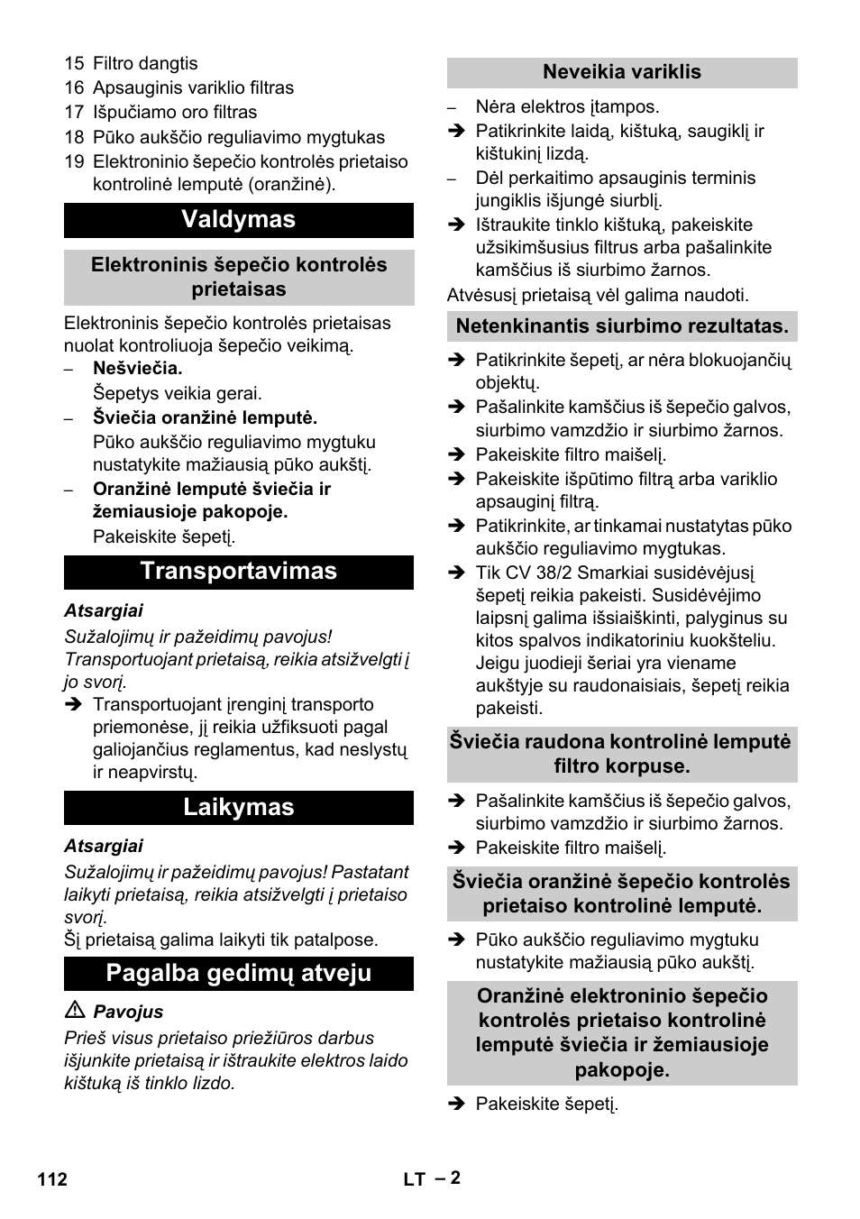 Valdymas, Transportavimas laikymas pagalba gedimų atveju | Karcher CV 38-2 User Manual | Page 112 / 124