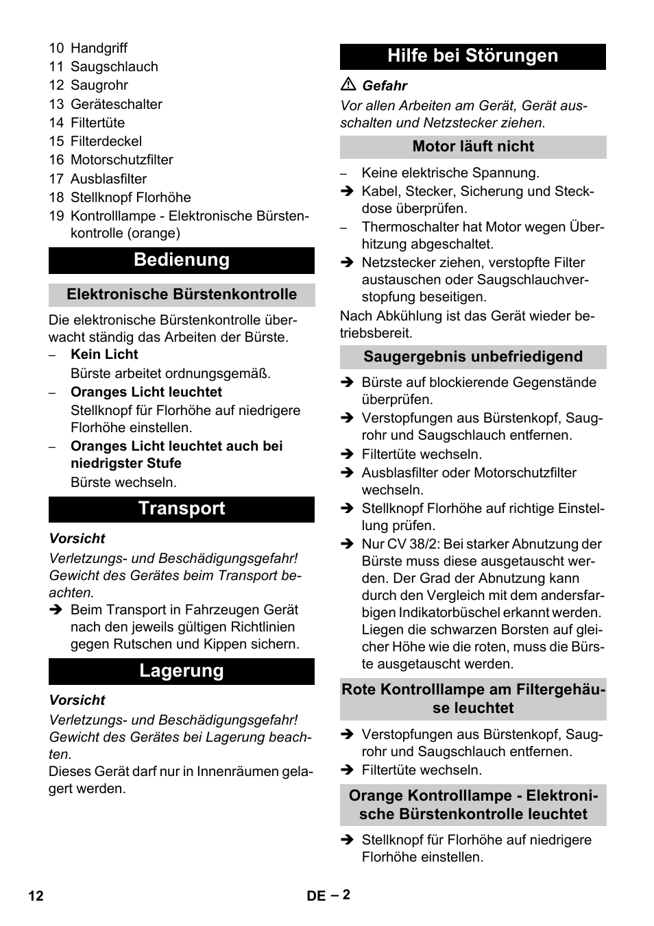 Bedienung, Transport lagerung hilfe bei störungen | Karcher CV 38-2 User Manual | Page 12 / 124