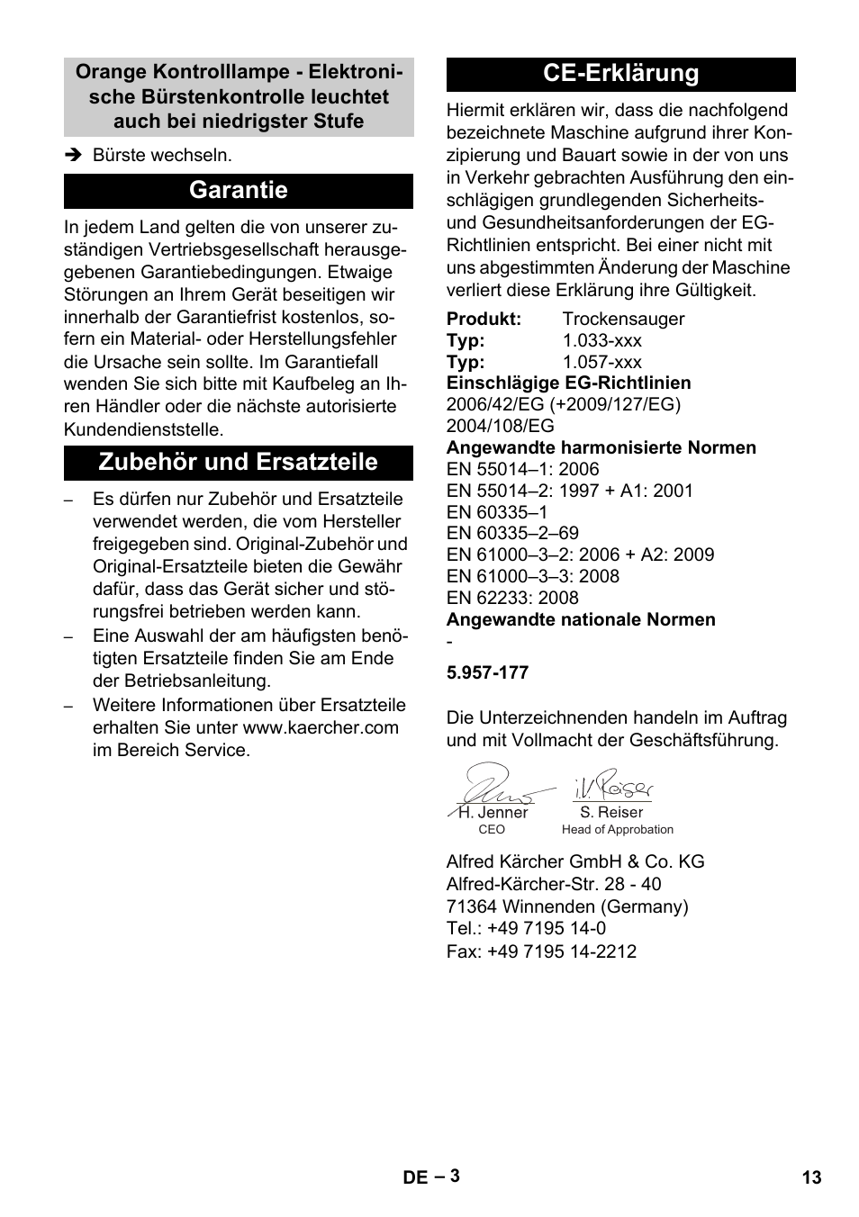 Garantie zubehör und ersatzteile ce-erklärung | Karcher CV 38-2 User Manual | Page 13 / 124