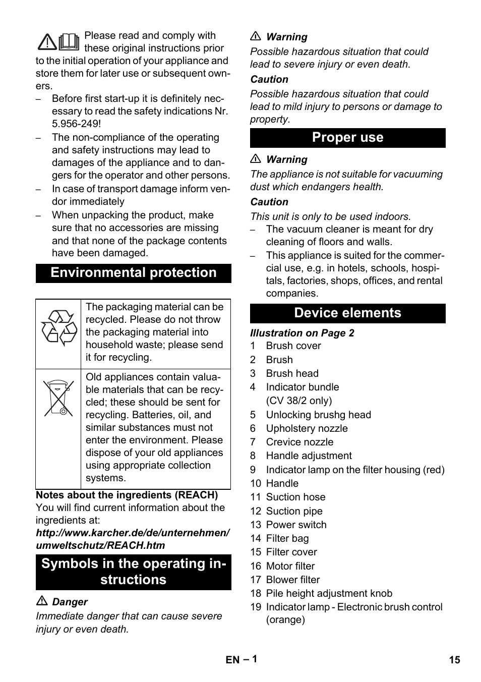 Environmental protection | Karcher CV 38-2 User Manual | Page 15 / 124