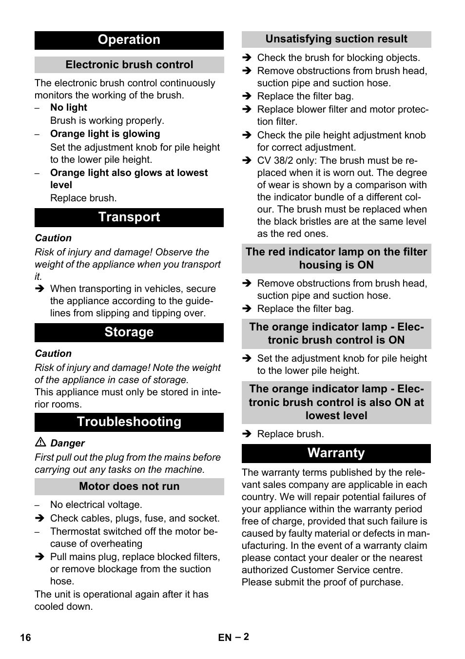 Operation, Transport storage troubleshooting, Warranty | Karcher CV 38-2 User Manual | Page 16 / 124