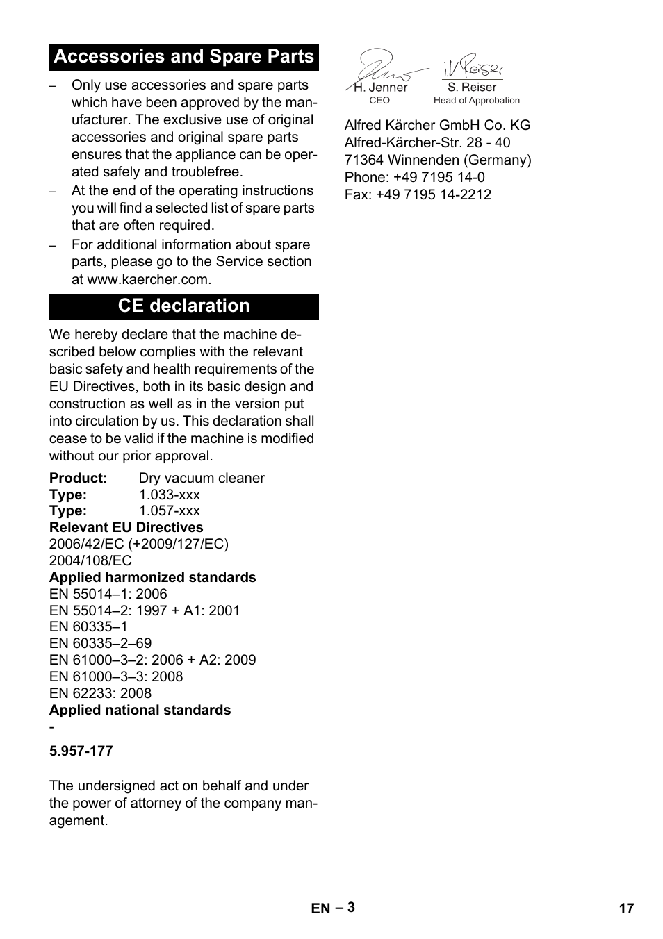 Accessories and spare parts ce declaration | Karcher CV 38-2 User Manual | Page 17 / 124