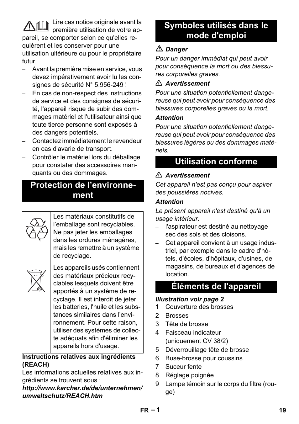 Protection de l’environne- ment | Karcher CV 38-2 User Manual | Page 19 / 124