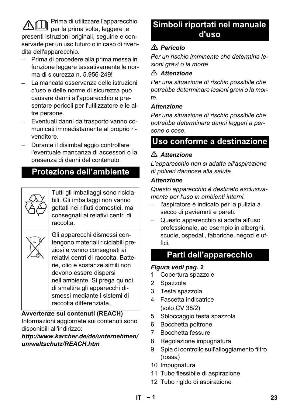 Protezione dell’ambiente | Karcher CV 38-2 User Manual | Page 23 / 124