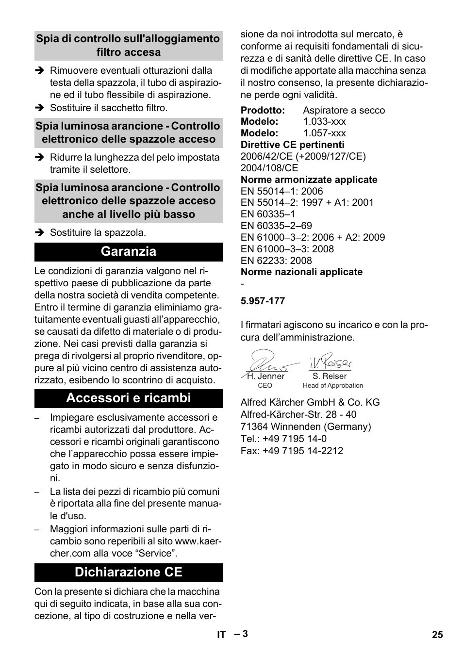 Garanzia accessori e ricambi dichiarazione ce | Karcher CV 38-2 User Manual | Page 25 / 124