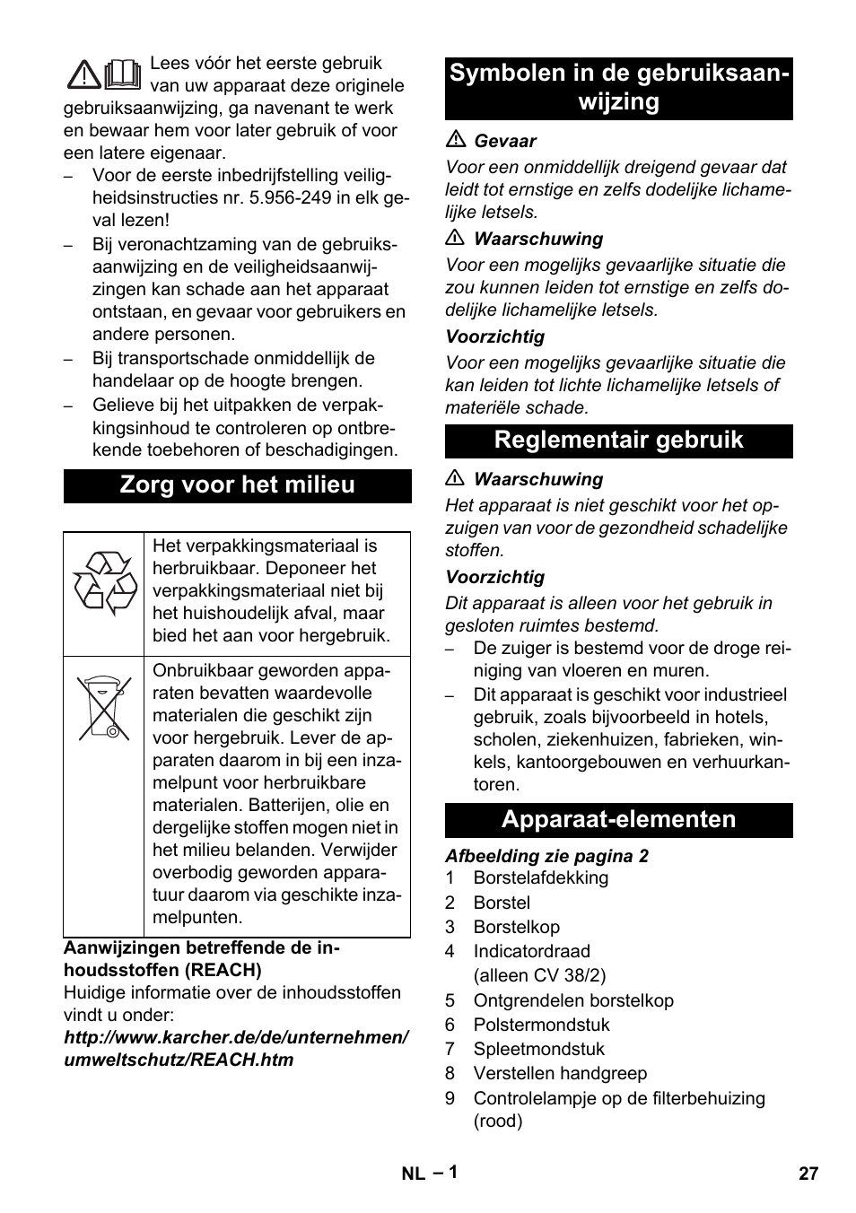 Zorg voor het milieu | Karcher CV 38-2 User Manual | Page 27 / 124