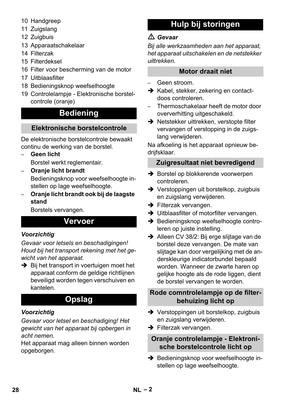 Bediening, Vervoer opslag hulp bij storingen | Karcher CV 38-2 User Manual | Page 28 / 124