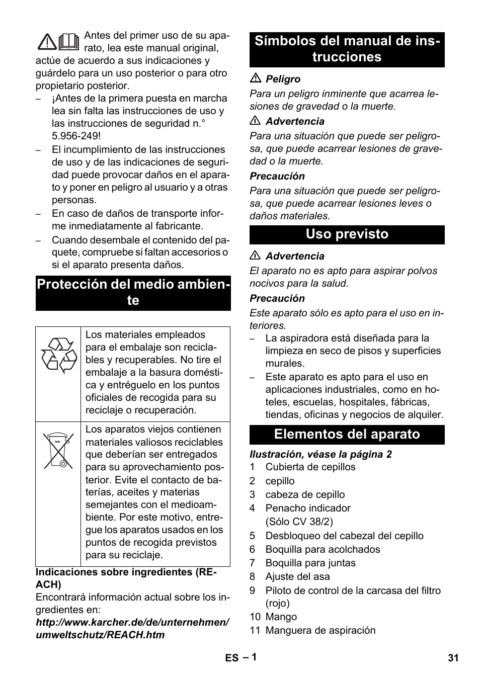 Protección del medio ambien- te | Karcher CV 38-2 User Manual | Page 31 / 124