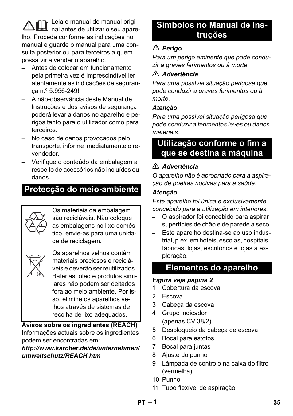 Protecção do meio-ambiente | Karcher CV 38-2 User Manual | Page 35 / 124