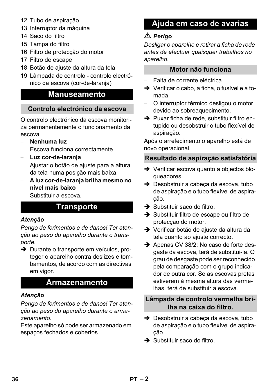 Manuseamento, Transporte armazenamento ajuda em caso de avarias | Karcher CV 38-2 User Manual | Page 36 / 124