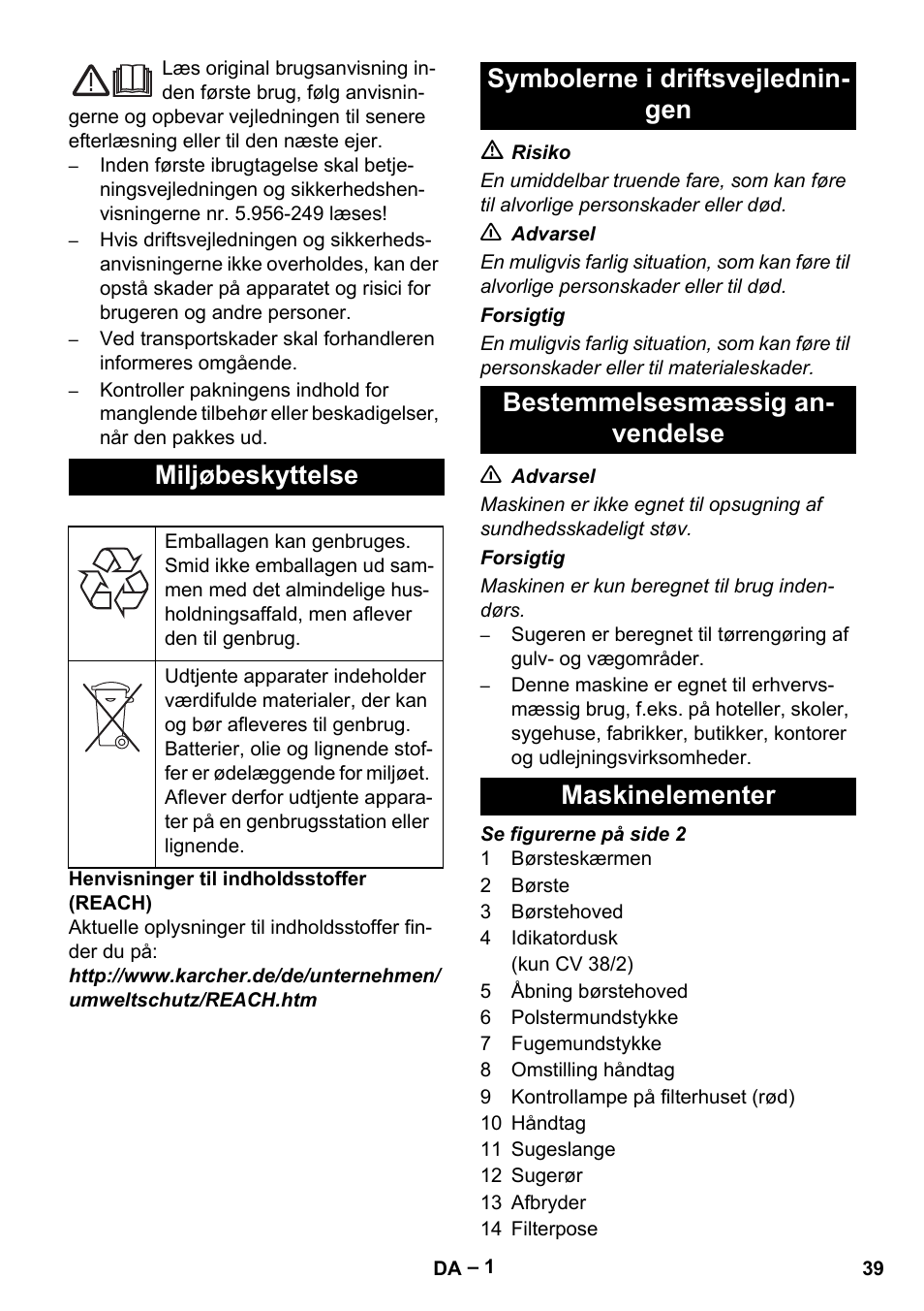 Miljøbeskyttelse | Karcher CV 38-2 User Manual | Page 39 / 124