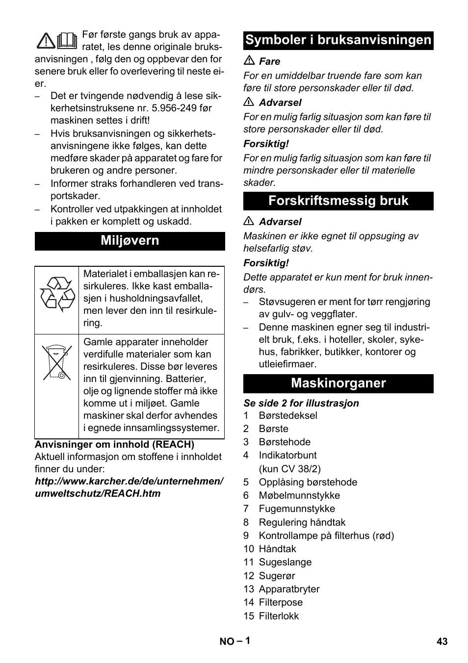 Miljøvern | Karcher CV 38-2 User Manual | Page 43 / 124