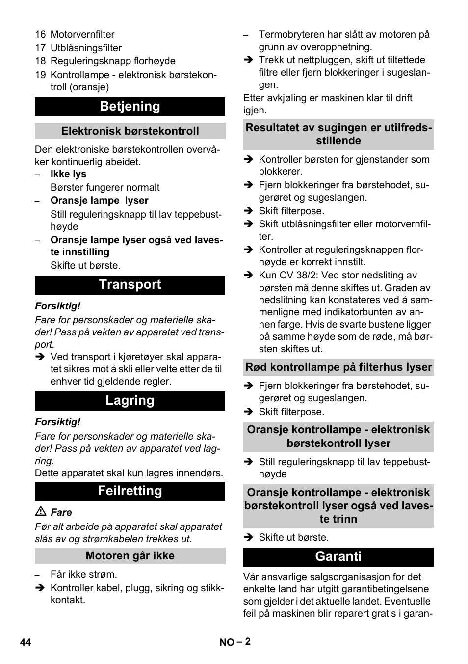 Betjening, Transport lagring feilretting, Garanti | Karcher CV 38-2 User Manual | Page 44 / 124