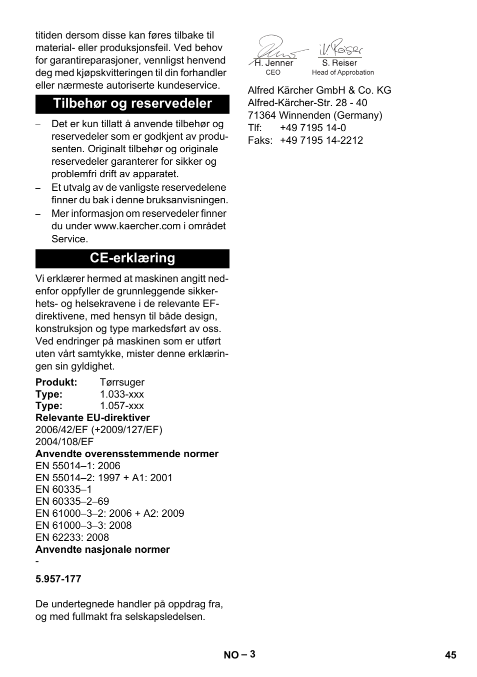 Tilbehør og reservedeler ce-erklæring | Karcher CV 38-2 User Manual | Page 45 / 124