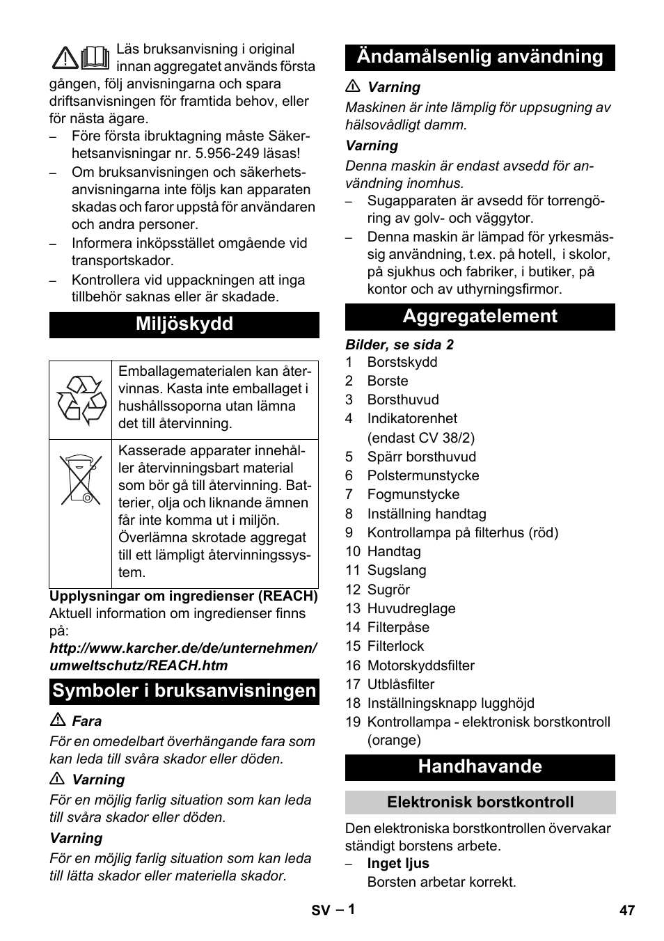 Miljöskydd | Karcher CV 38-2 User Manual | Page 47 / 124