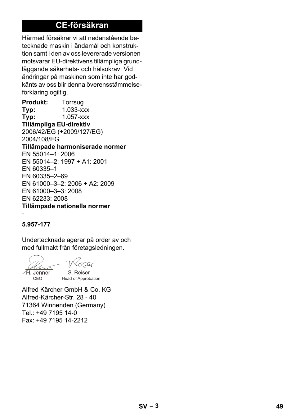 Ce-försäkran | Karcher CV 38-2 User Manual | Page 49 / 124