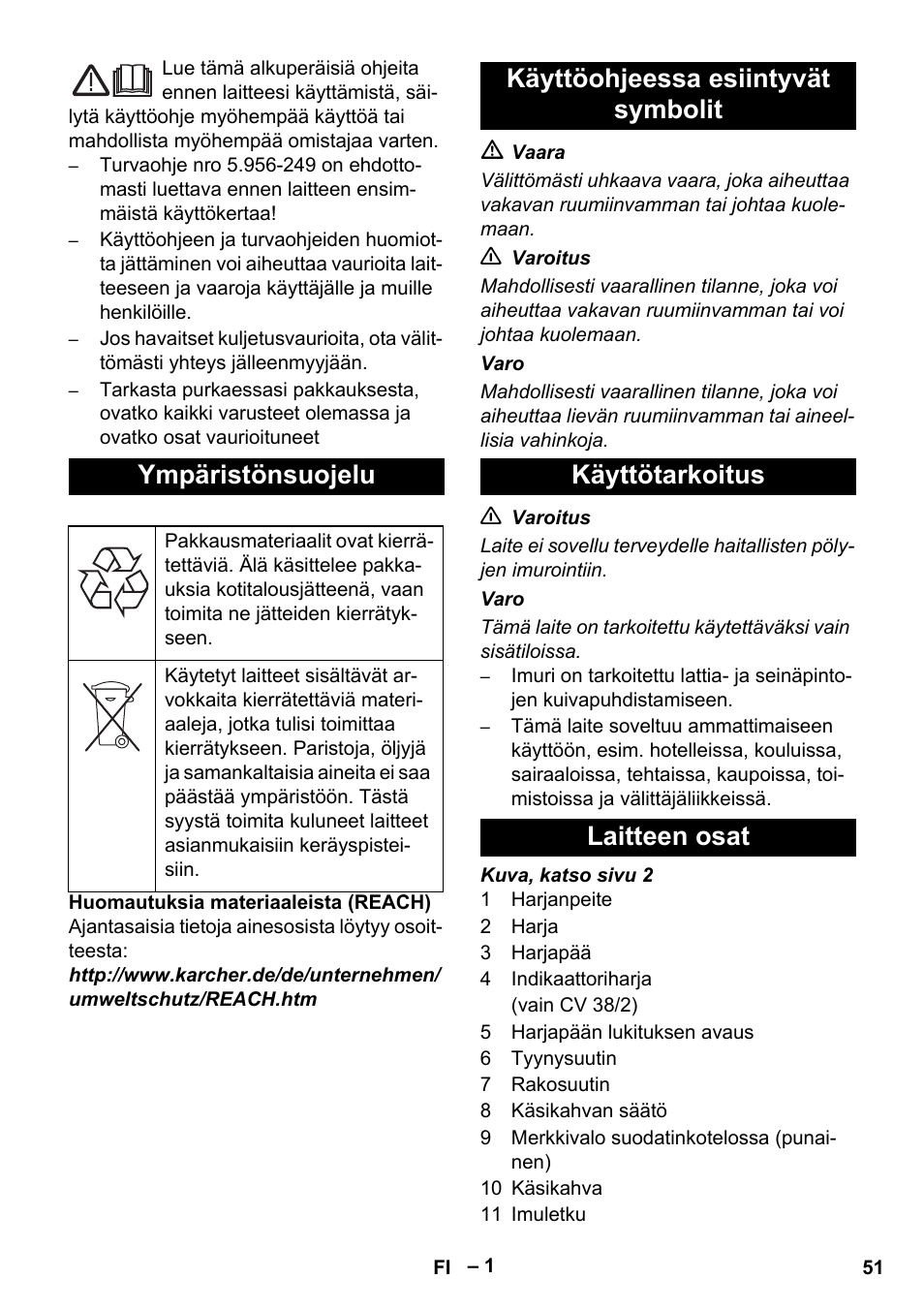 Ympäristönsuojelu | Karcher CV 38-2 User Manual | Page 51 / 124