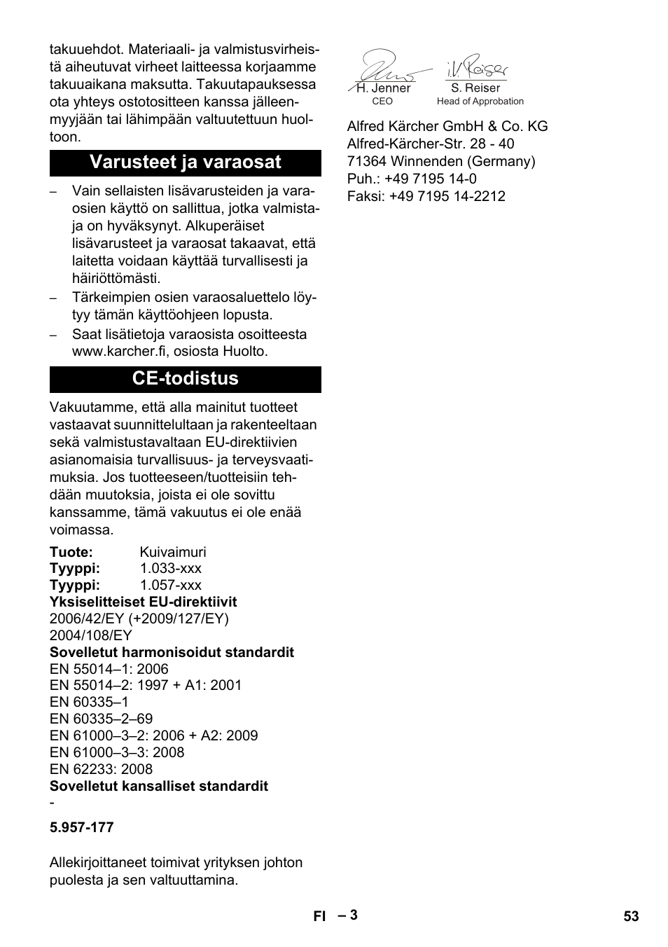 Varusteet ja varaosat ce-todistus | Karcher CV 38-2 User Manual | Page 53 / 124