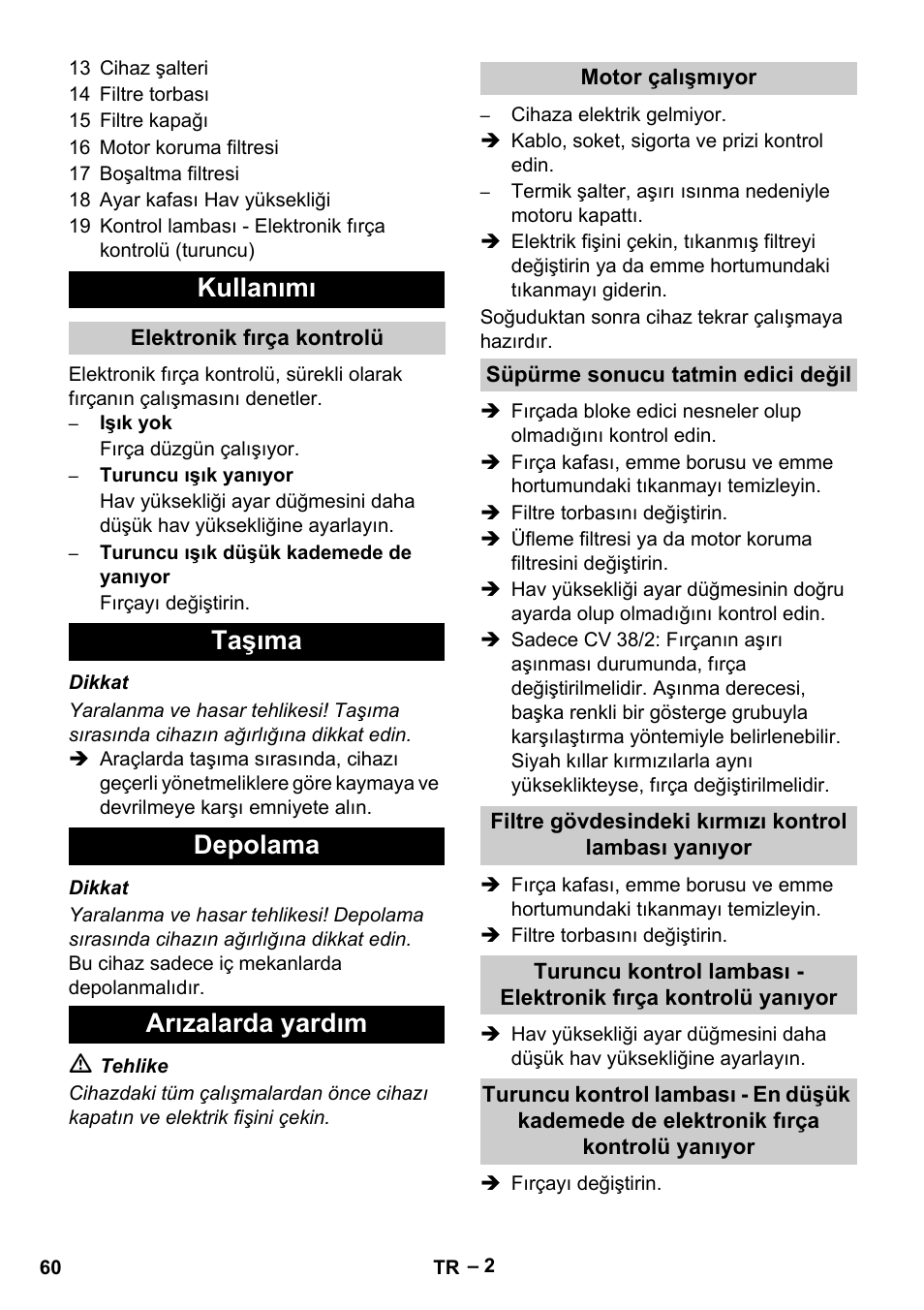 Kullanımı, Taşıma depolama arızalarda yardım | Karcher CV 38-2 User Manual | Page 60 / 124