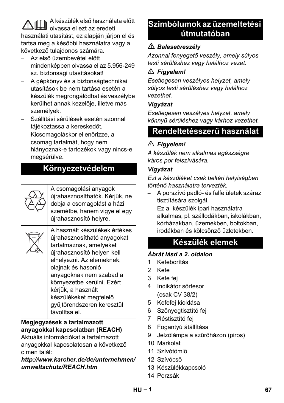 Környezetvédelem | Karcher CV 38-2 User Manual | Page 67 / 124