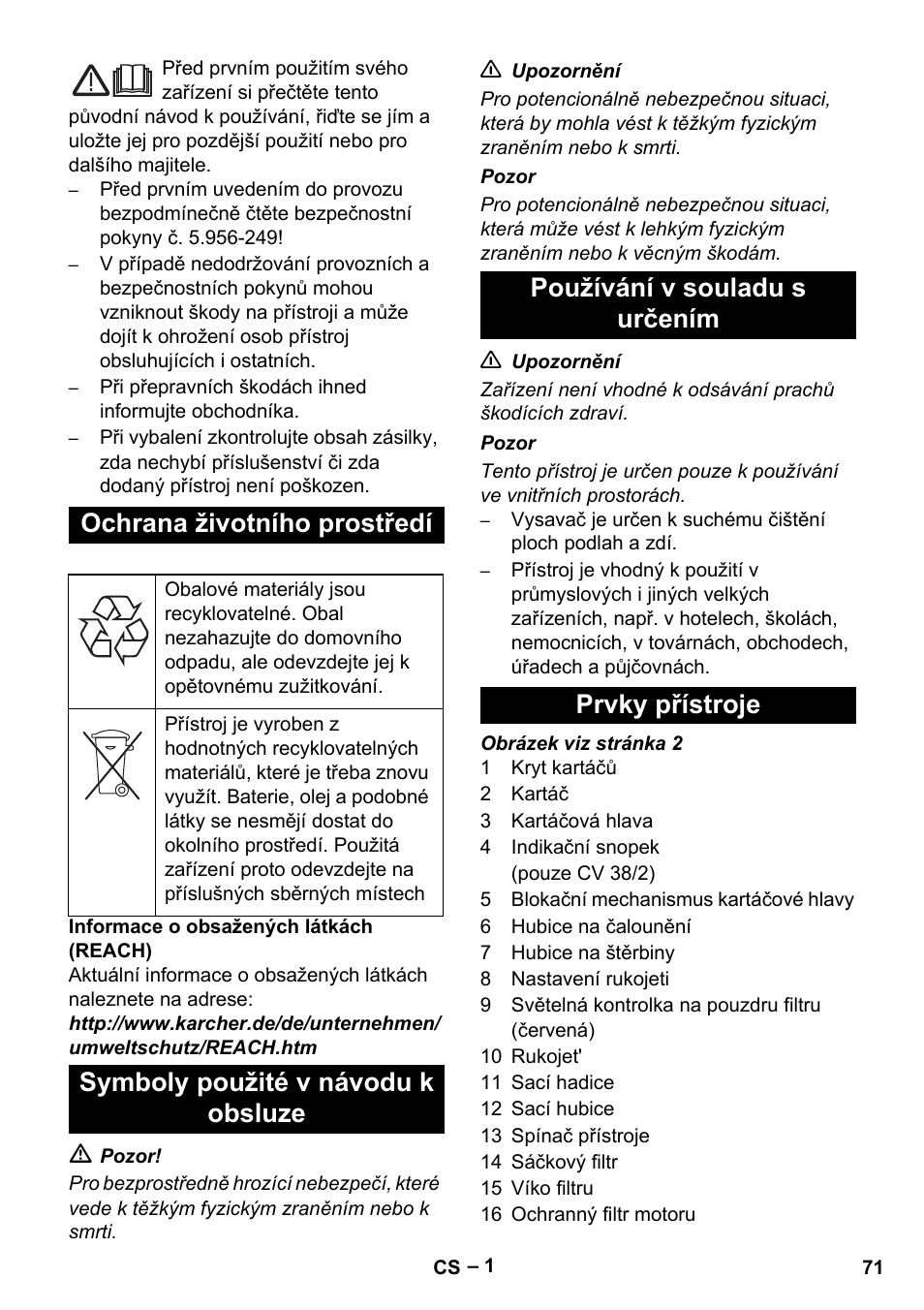 Ochrana životního prostředí | Karcher CV 38-2 User Manual | Page 71 / 124