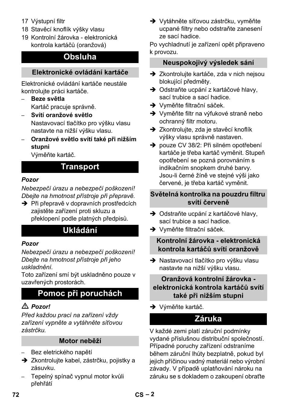 Obsluha, Transport ukládání pomoc při poruchách, Záruka | Karcher CV 38-2 User Manual | Page 72 / 124