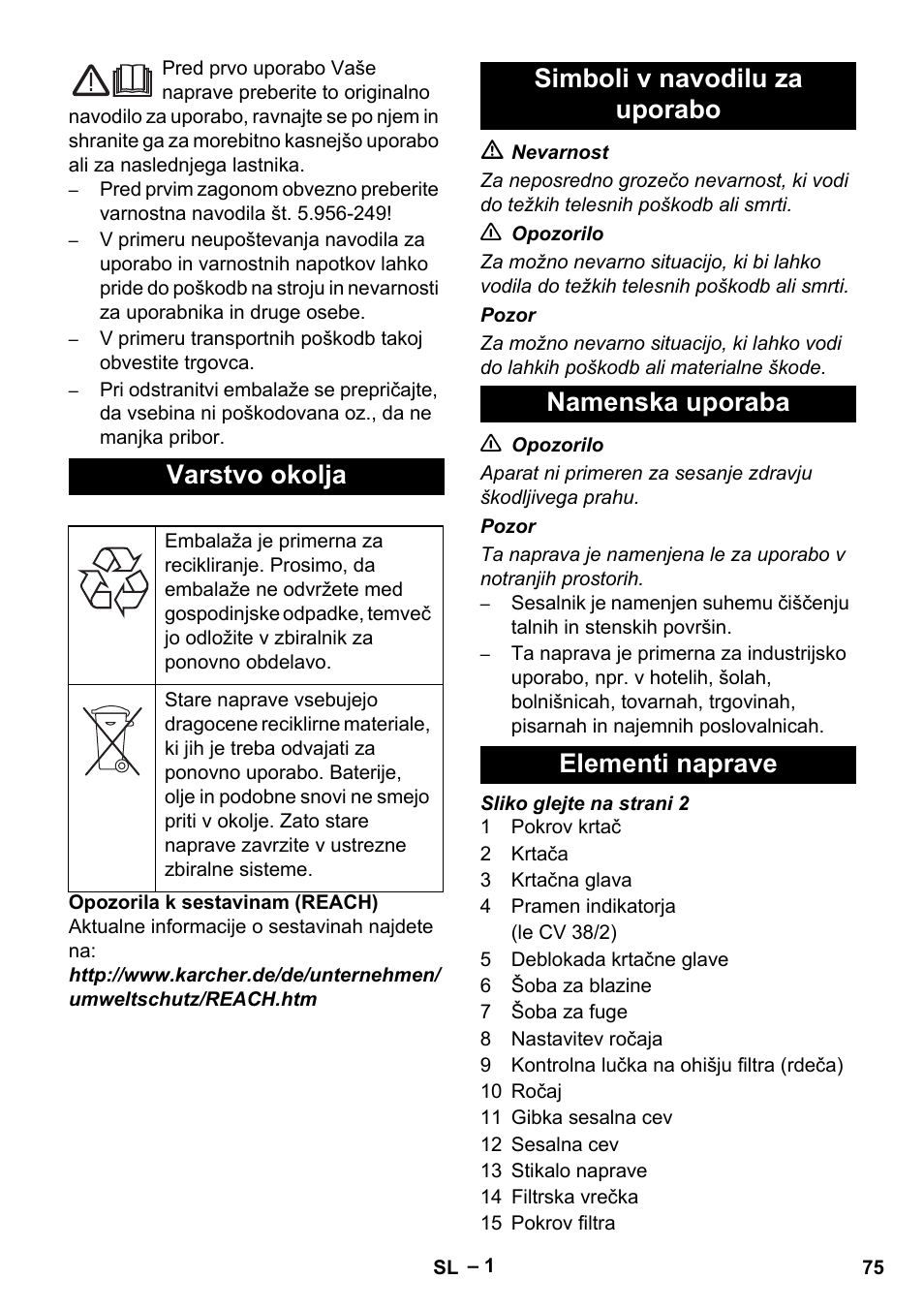 Varstvo okolja | Karcher CV 38-2 User Manual | Page 75 / 124