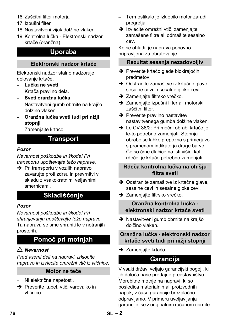 Uporaba, Transport skladiščenje pomoč pri motnjah, Garancija | Karcher CV 38-2 User Manual | Page 76 / 124