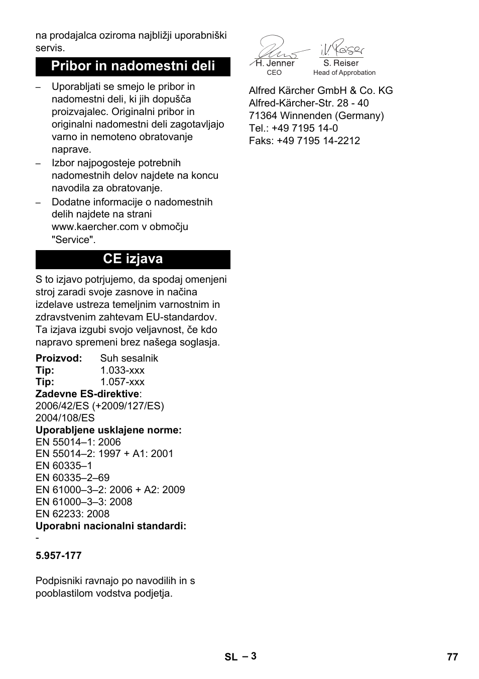 Pribor in nadomestni deli ce izjava | Karcher CV 38-2 User Manual | Page 77 / 124