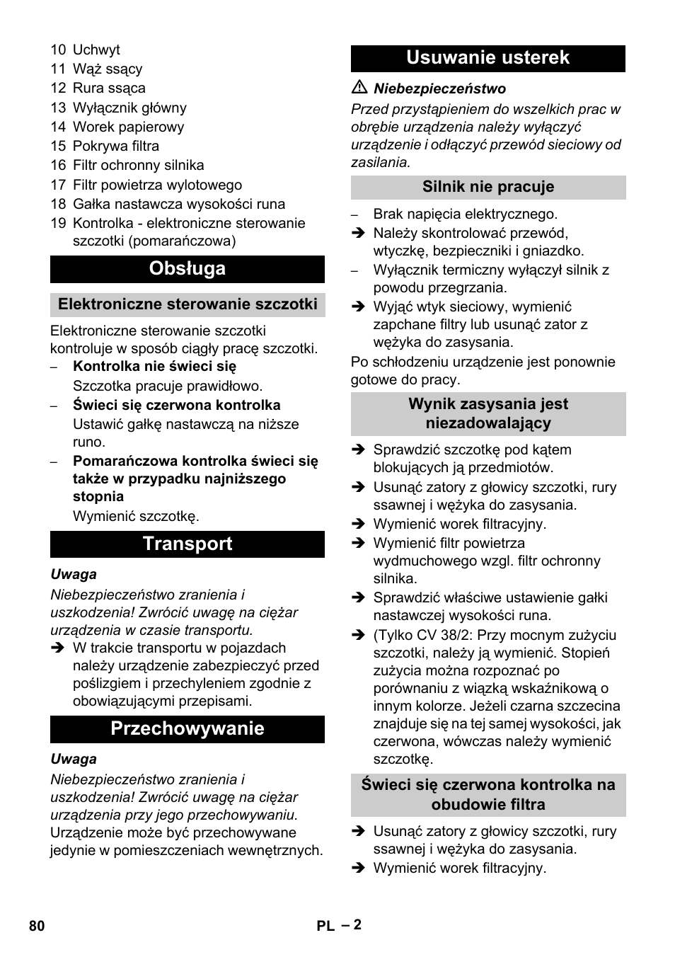 Obsługa, Transport przechowywanie usuwanie usterek | Karcher CV 38-2 User Manual | Page 80 / 124