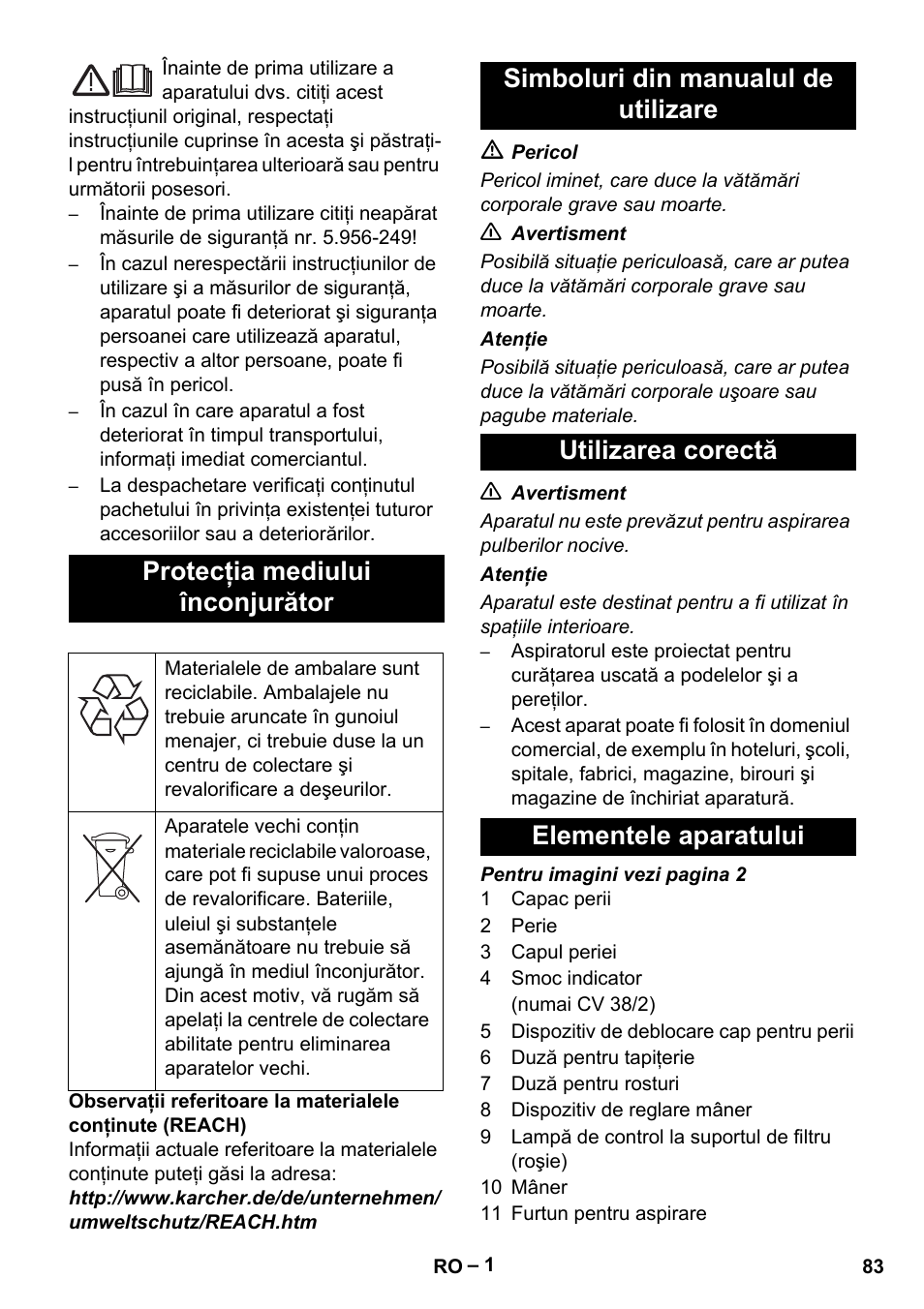 Protecţia mediului înconjurător | Karcher CV 38-2 User Manual | Page 83 / 124