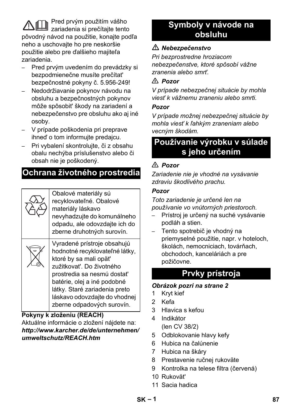 Ochrana životného prostredia | Karcher CV 38-2 User Manual | Page 87 / 124