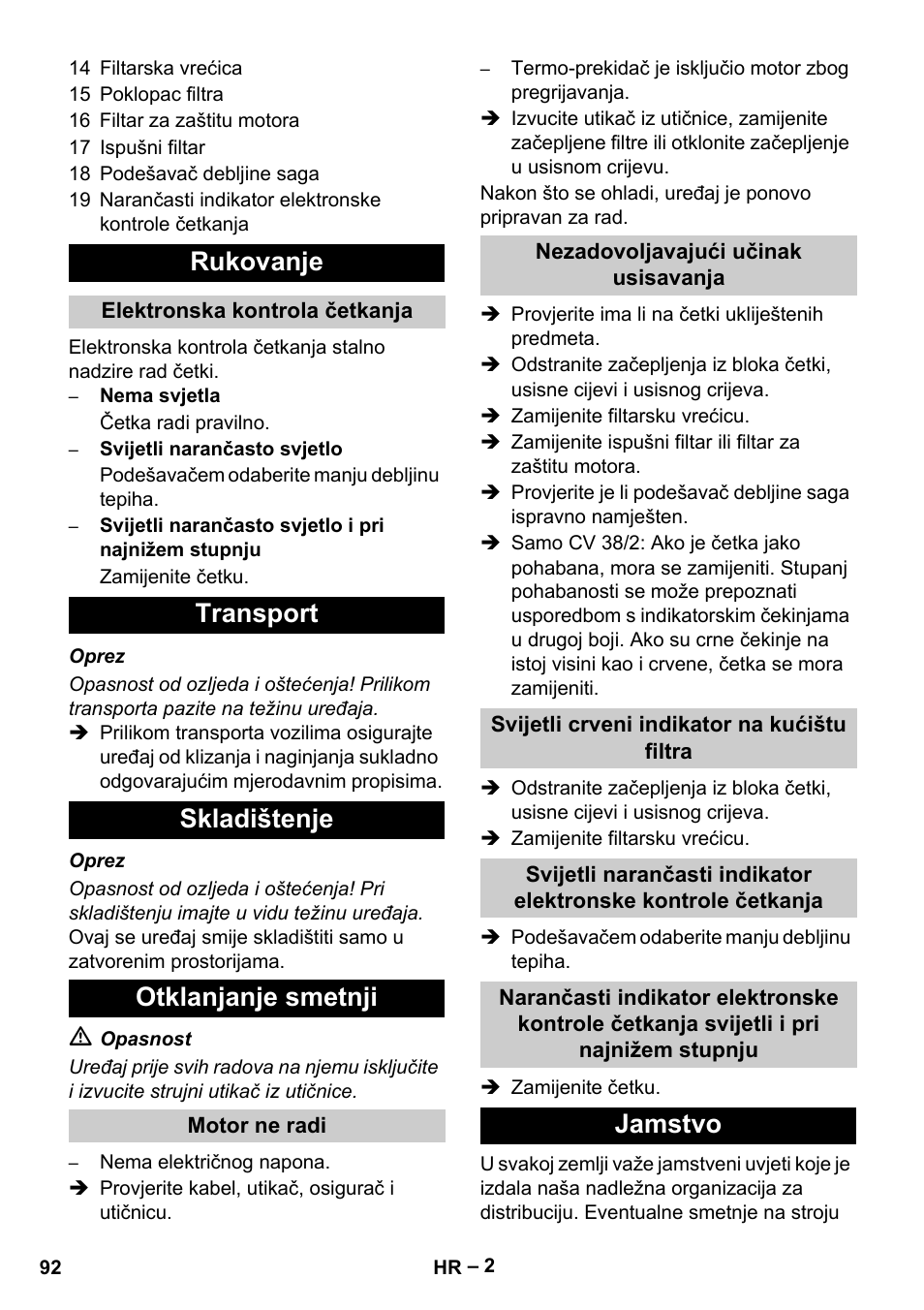 Rukovanje, Transport skladištenje otklanjanje smetnji, Jamstvo | Karcher CV 38-2 User Manual | Page 92 / 124