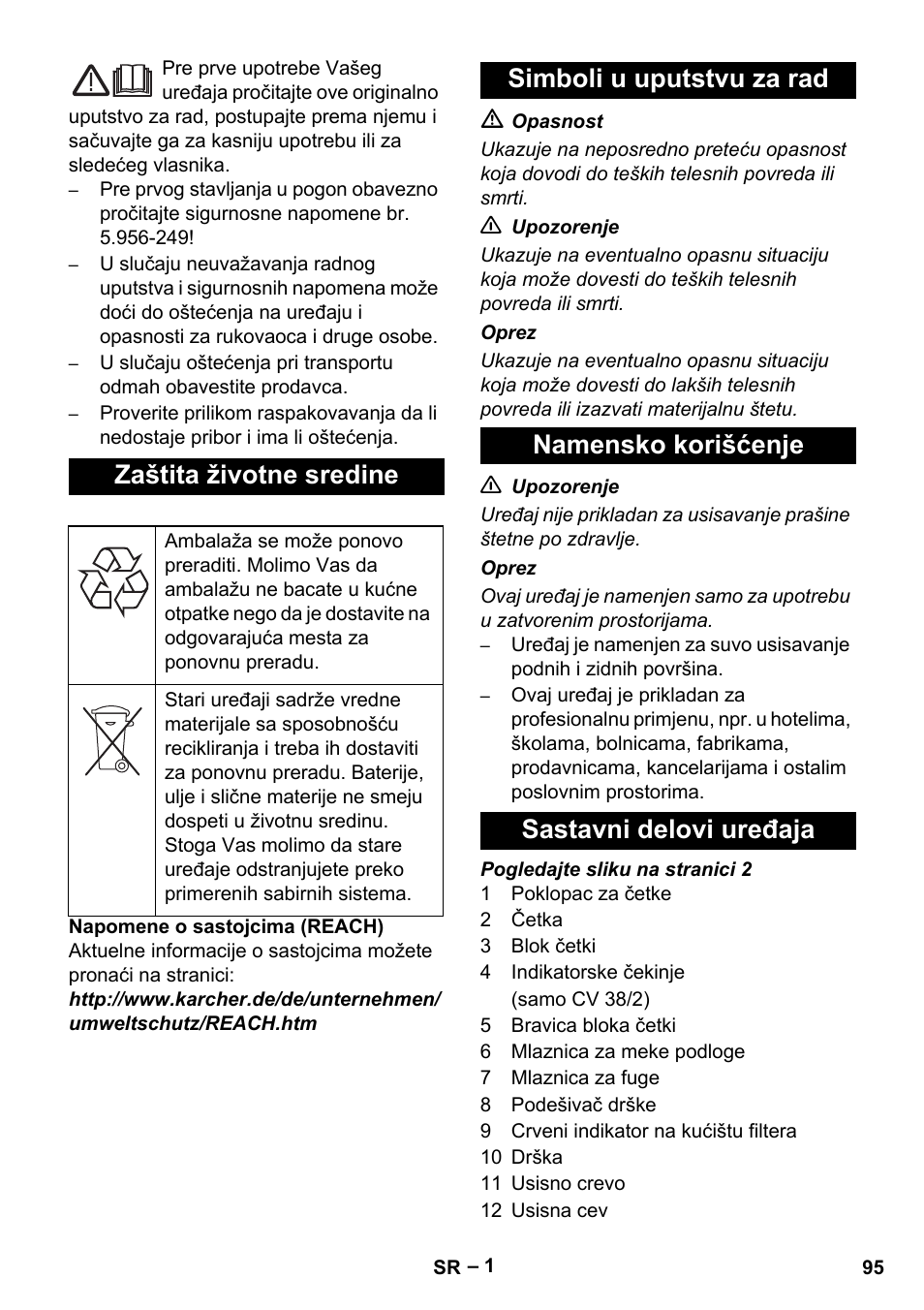 Zaštita životne sredine | Karcher CV 38-2 User Manual | Page 95 / 124