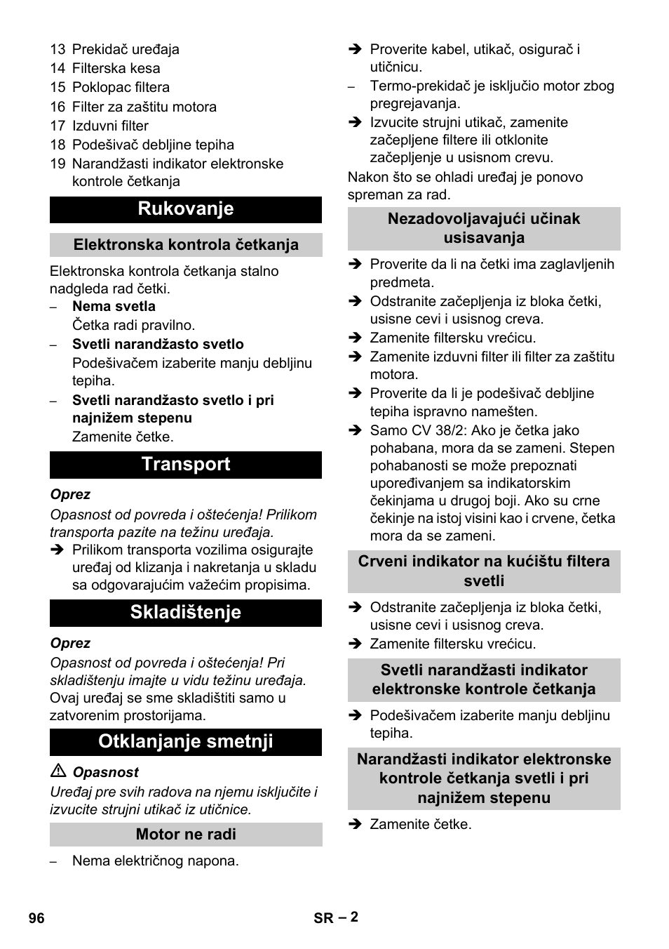 Rukovanje, Transport skladištenje otklanjanje smetnji | Karcher CV 38-2 User Manual | Page 96 / 124