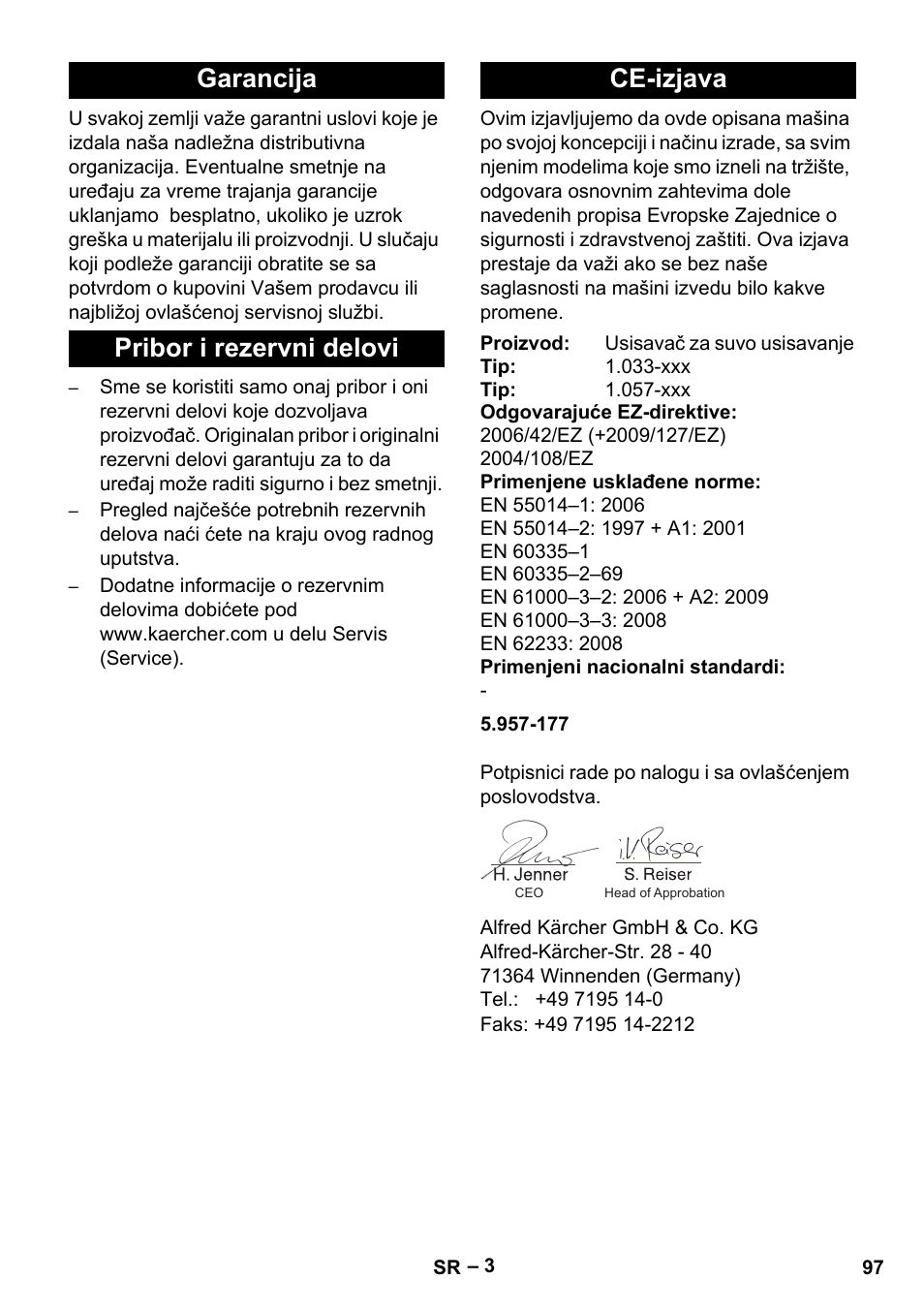 Garancija pribor i rezervni delovi ce-izjava | Karcher CV 38-2 User Manual | Page 97 / 124