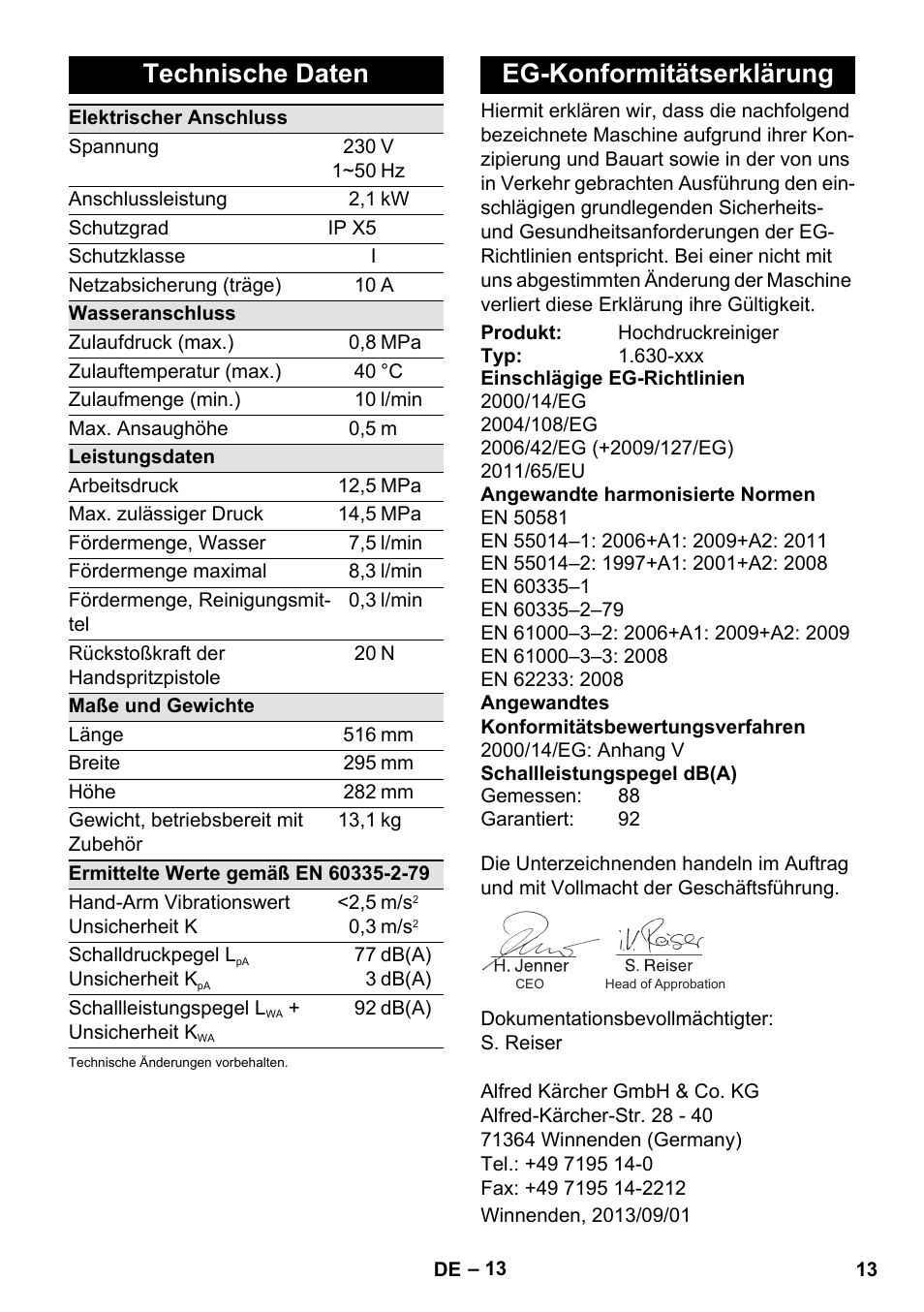 Technische daten, Eg-konformitätserklärung | Karcher K 5 Compact User Manual | Page 13 / 278