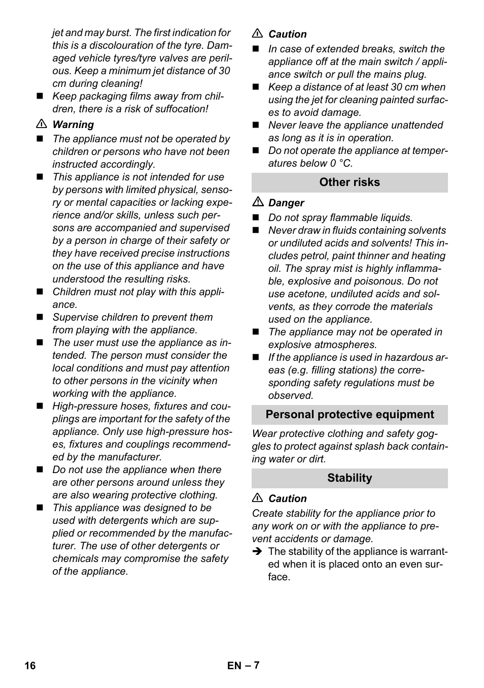 Other risks, Personal protective equipment, Stability | Karcher K 5 Compact User Manual | Page 16 / 278