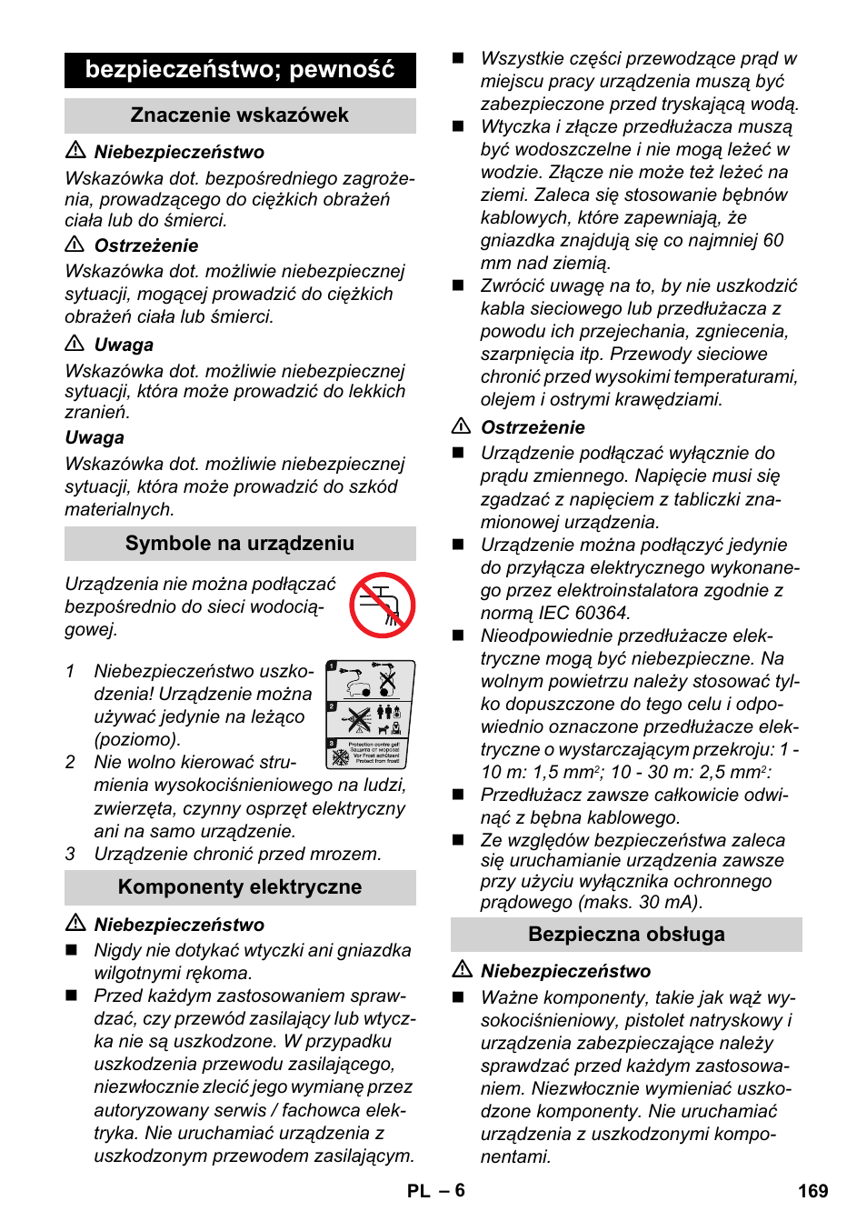 Bezpieczeństwo; pewność, Znaczenie wskazówek, Symbole na urządzeniu | Komponenty elektryczne, Bezpieczna obsługa | Karcher K 5 Compact User Manual | Page 169 / 278