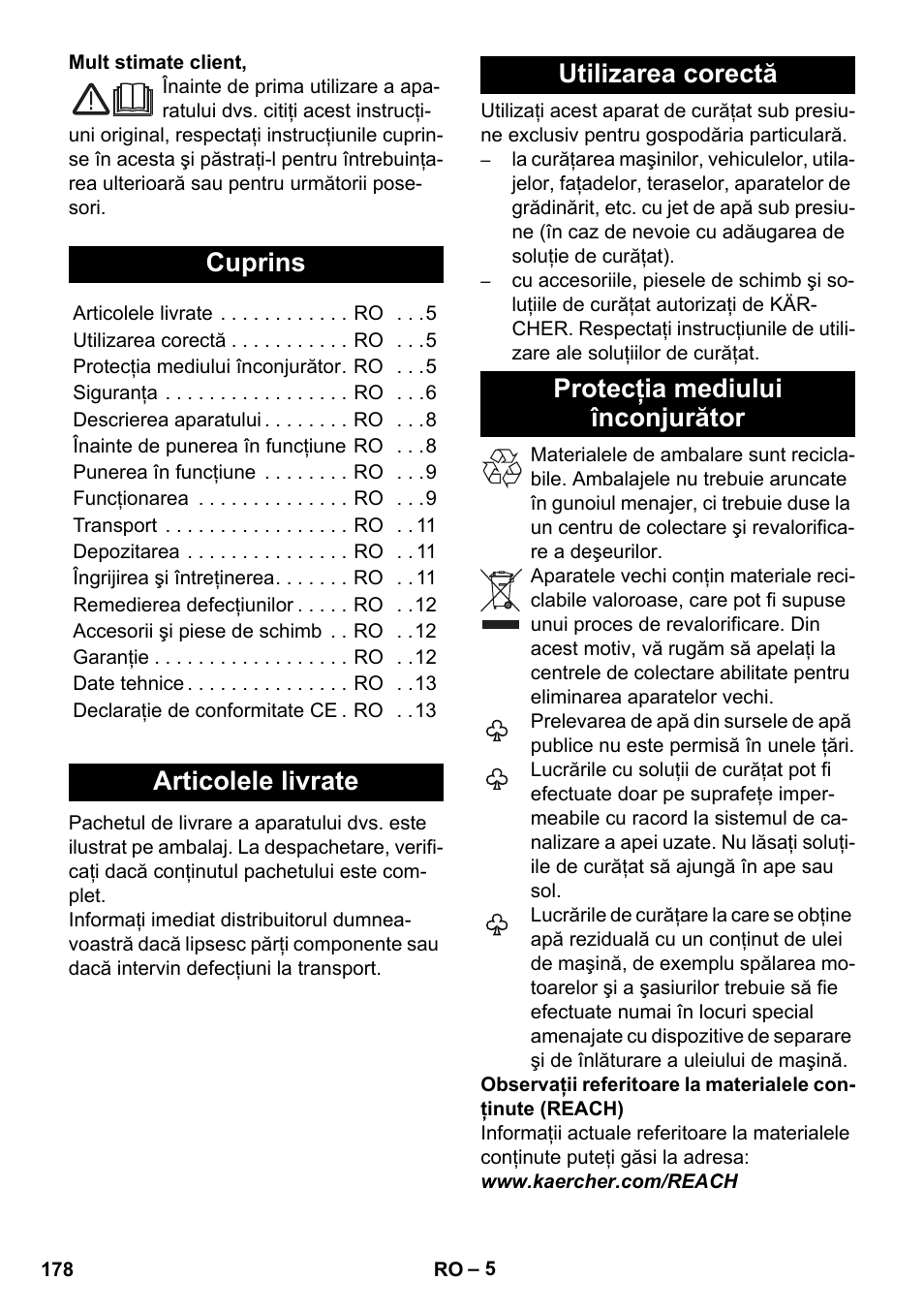 Româneşte, Cuprins, Articolele livrate | Utilizarea corectă, Protecţia mediului înconjurător | Karcher K 5 Compact User Manual | Page 178 / 278