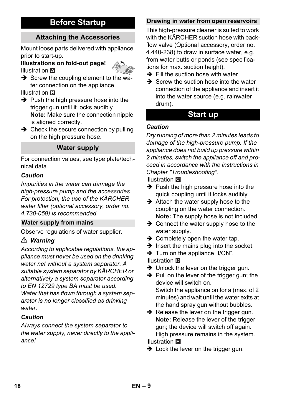 Before startup, Attaching the accessories, Water supply | Water supply from mains, Drawing in water from open reservoirs, Start up | Karcher K 5 Compact User Manual | Page 18 / 278