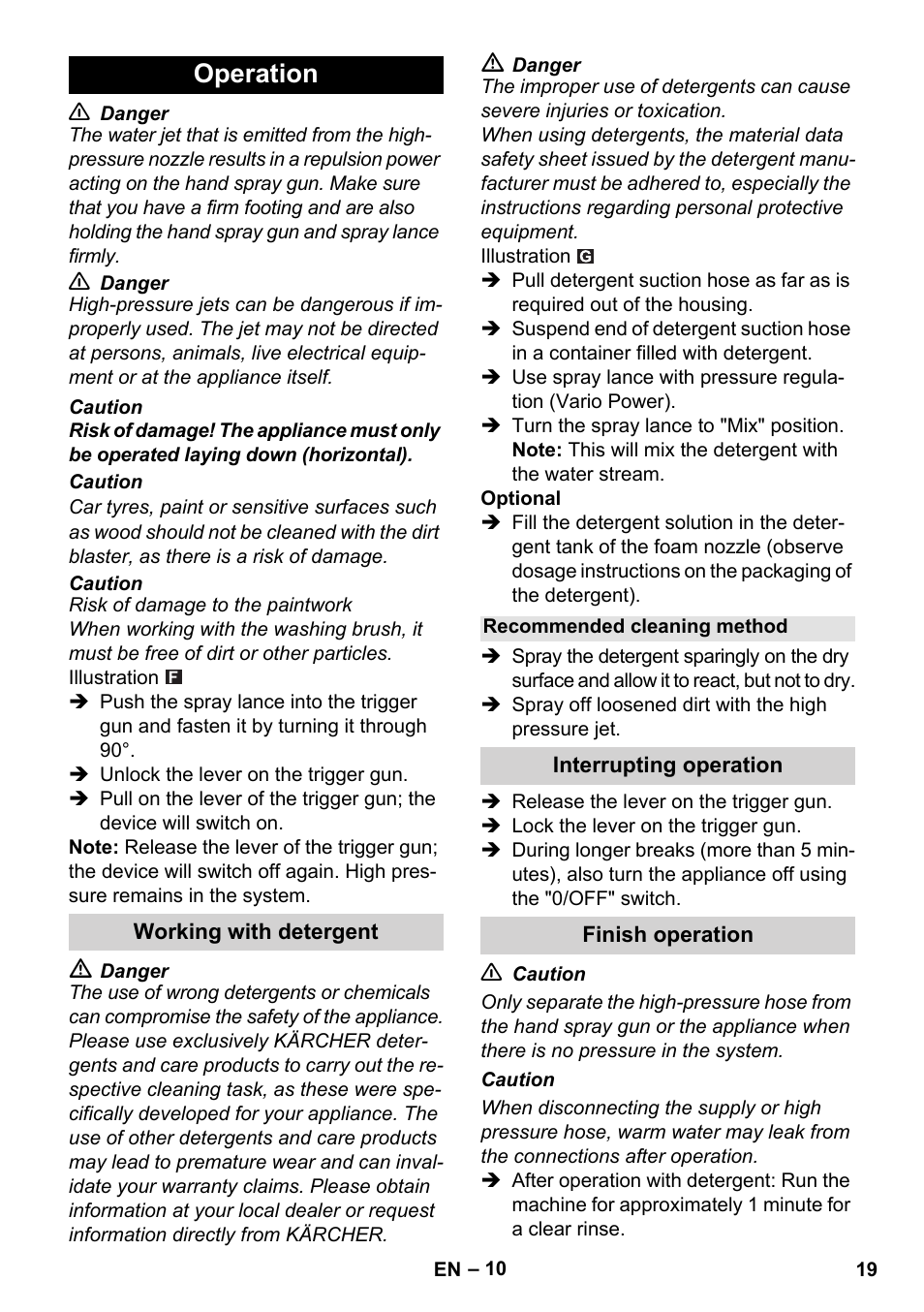 Operation, Working with detergent, Recommended cleaning method | Interrupting operation, Finish operation | Karcher K 5 Compact User Manual | Page 19 / 278