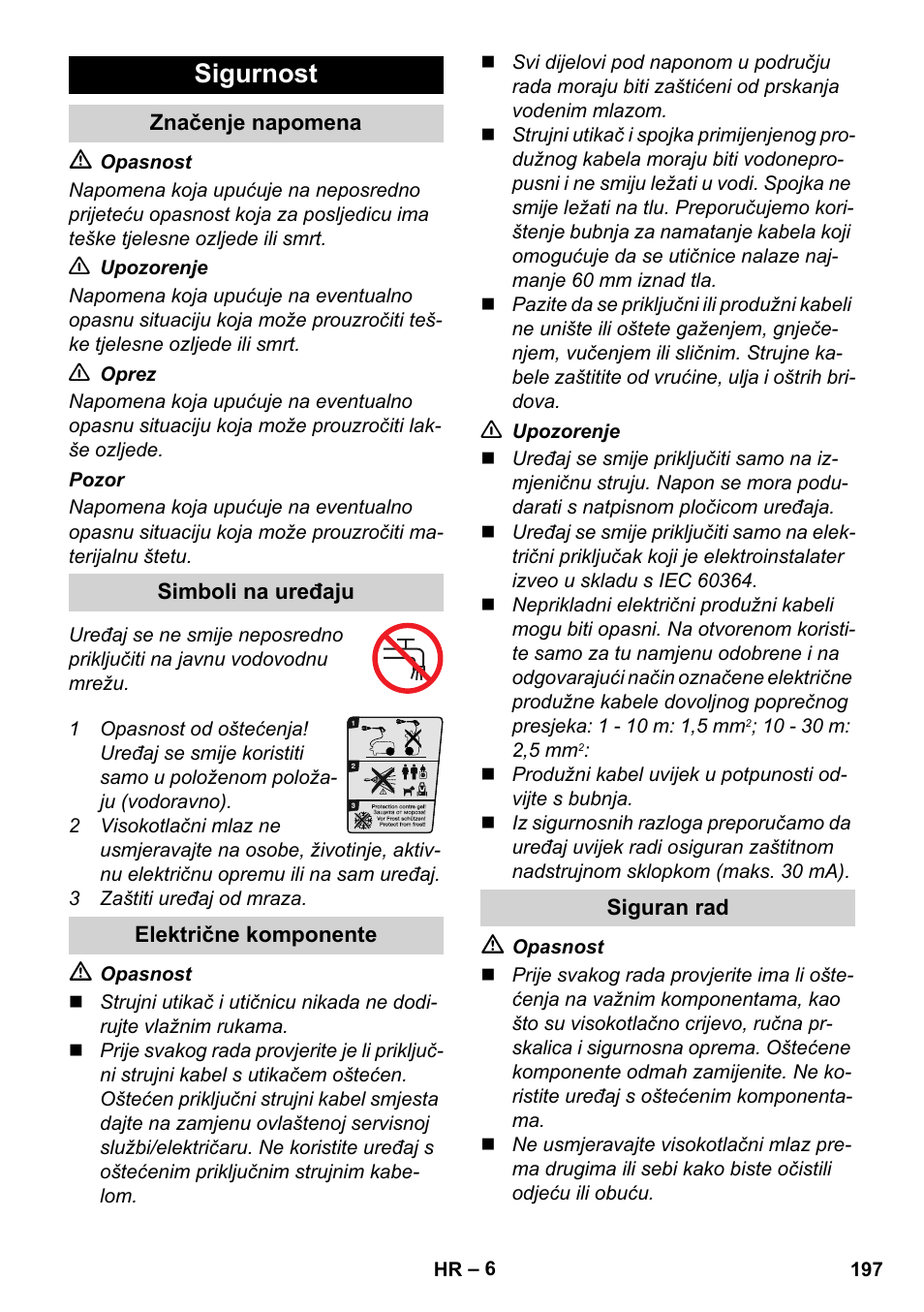 Sigurnost, Značenje napomena, Simboli na uređaju | Električne komponente, Siguran rad | Karcher K 5 Compact User Manual | Page 197 / 278