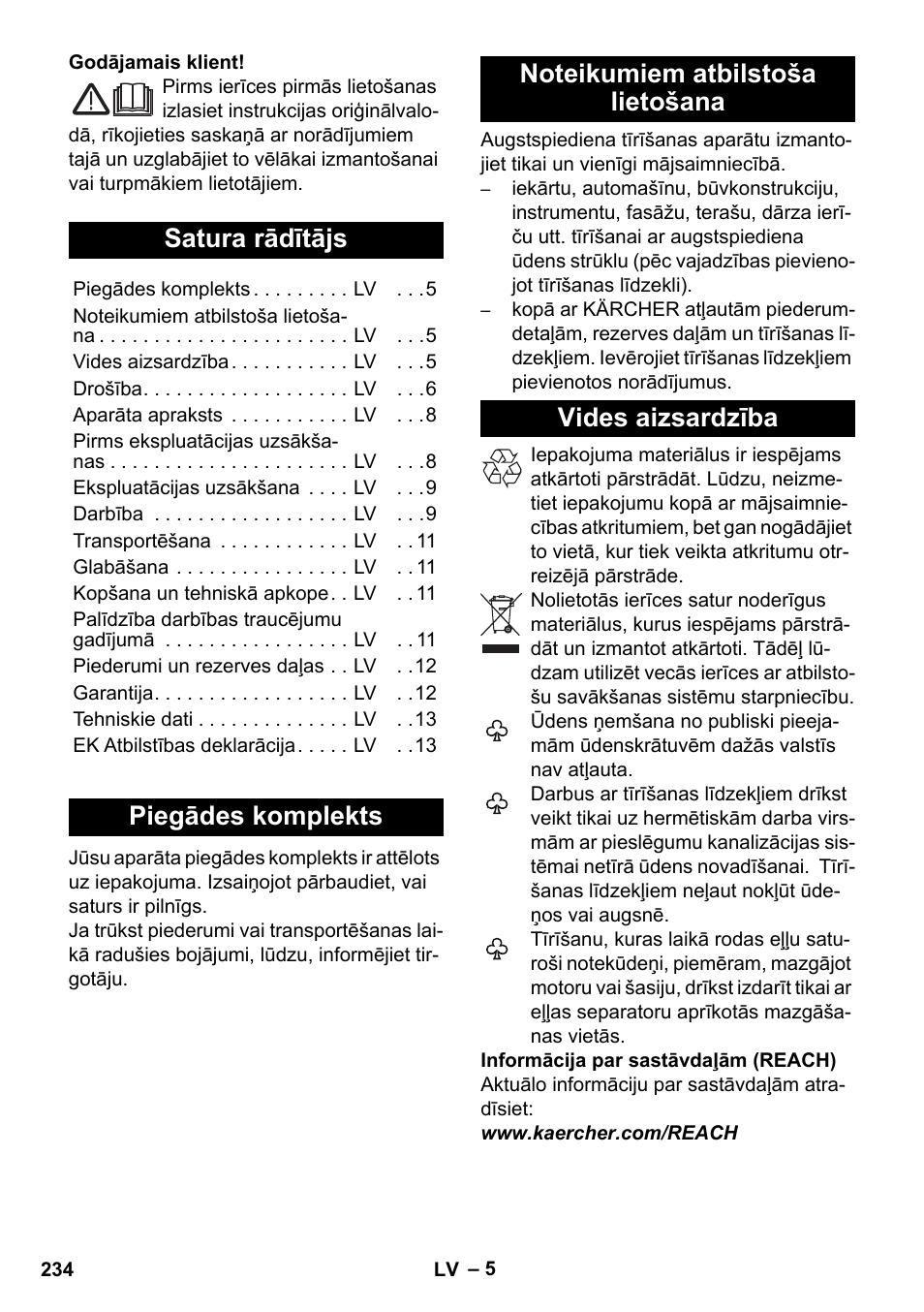 Latviešu, Satura rādītājs, Piegādes komplekts | Noteikumiem atbilstoša lietošana, Vides aizsardzība | Karcher K 5 Compact User Manual | Page 234 / 278