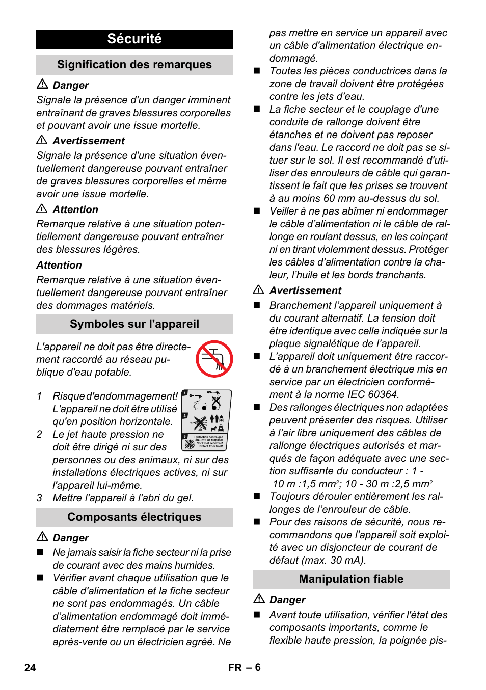 Sécurité, Signification des remarques, Symboles sur l'appareil | Composants électriques, Manipulation fiable | Karcher K 5 Compact User Manual | Page 24 / 278