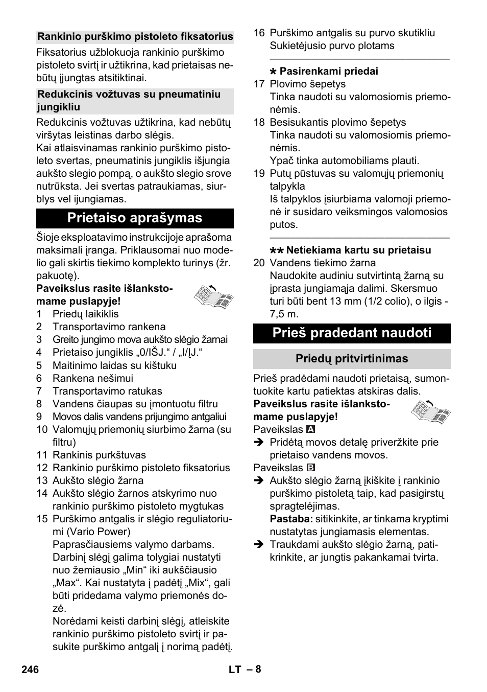Rankinio purškimo pistoleto fiksatorius, Redukcinis vožtuvas su pneumatiniu jungikliu, Prietaiso aprašymas | Prieš pradedant naudoti, Priedų pritvirtinimas, Prietaiso aprašymas prieš pradedant naudoti | Karcher K 5 Compact User Manual | Page 246 / 278