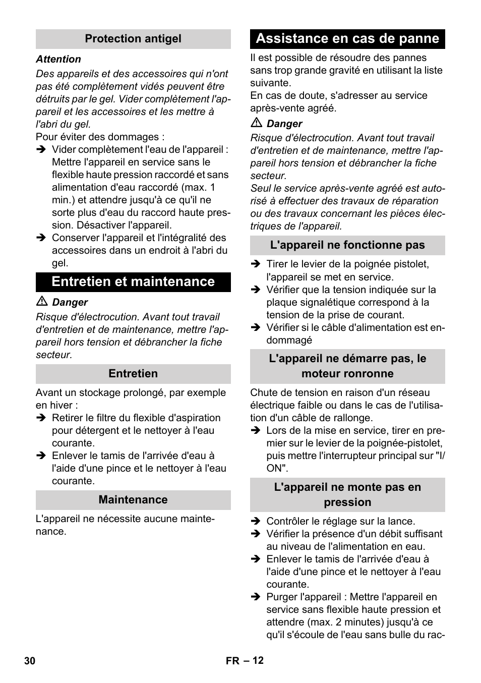 Protection antigel, Entretien et maintenance, Entretien | Maintenance, Assistance en cas de panne, L'appareil ne fonctionne pas, L'appareil ne démarre pas, le moteur ronronne, L'appareil ne monte pas en pression | Karcher K 5 Compact User Manual | Page 30 / 278